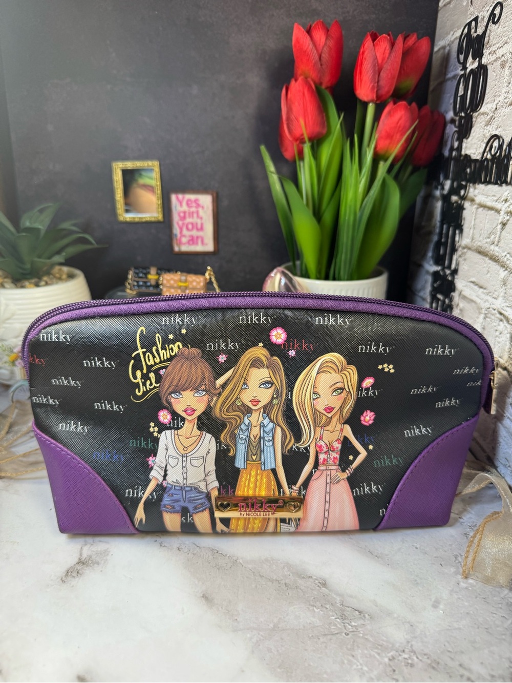Nicole Lee Brown Cosmetic Pouch with Pink Polka Dot Lining-NWOT